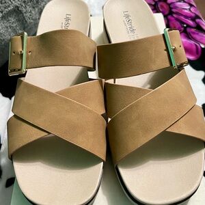Life Stride Tan Cross-Strap Sandals